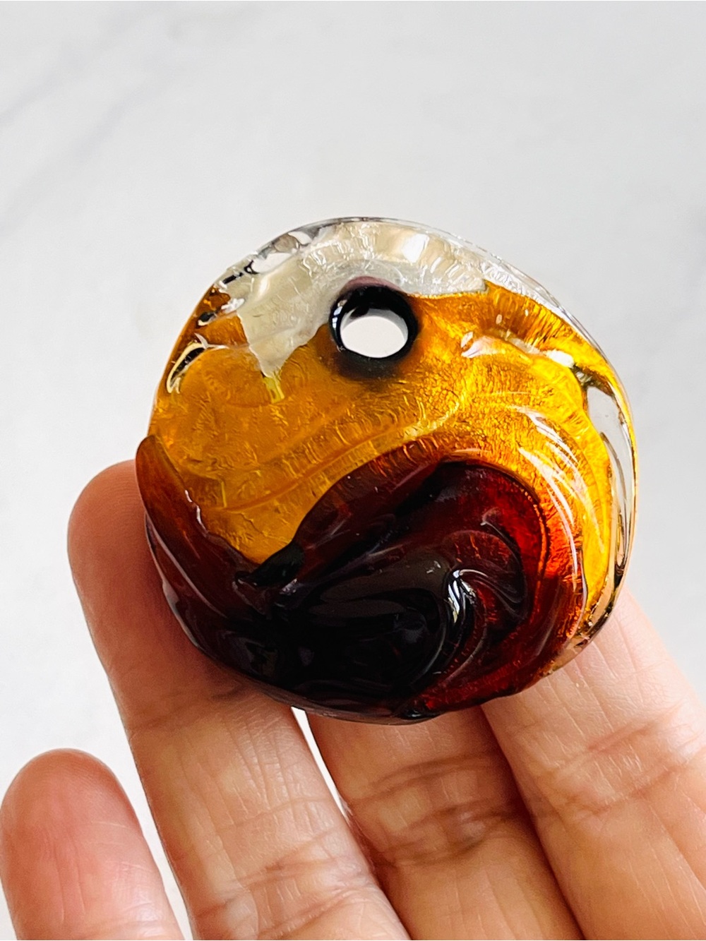 Handcrafted Murano Style Art Glass Pendant - Amber & Brown Swirl